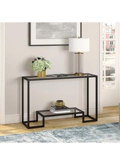 YINZUO YINZUO Modern Console Table with 2-Tier Tempered Clear Glass Shelves – Metal Frame in Black or Gold, Entryway Sofa Table for Living Room, Bedroom, or Hallway (Matt Black, 140 cm)  - Image 4