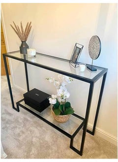 YINZUO YINZUO Modern Console Table with 2-Tier Tempered Clear Glass Shelves – Metal Frame in Black or Gold, Entryway Sofa Table for Living Room, Bedroom, or Hallway (Matt Black, 140 cm)  - Image 2