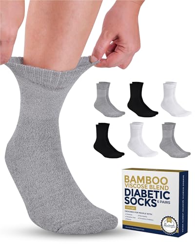 Pembrook Bamboo Viscose Diabetic Socks for Women Men 6 Pairs Ankle Socks for Swollen Feet Neuropathy Socks Stretch Top Diabetic Socks for Men 912 Black Gray White