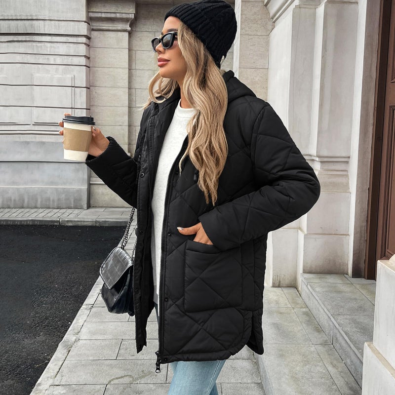 HOTIAN Womens Quilted Puffer Jackets Hooded Long Sleeve Full Zipper Casual Winter Lightweight Diamond Coats with Pockets(Black-S) - Image 3