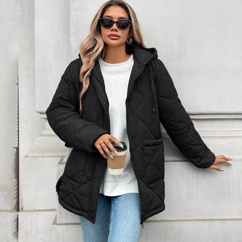 HOTIAN Womens Quilted Puffer Jackets Hooded Long Sleeve Full Zipper Casual Winter Lightweight Diamond Coats with Pockets(Black-S) - Image 5