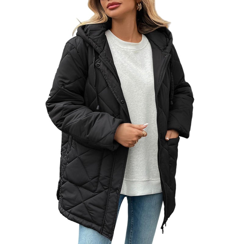 HOTIAN Womens Quilted Puffer Jackets Hooded Long Sleeve Full Zipper Casual Winter Lightweight Diamond Coats with Pockets(Black-S) - Image 1