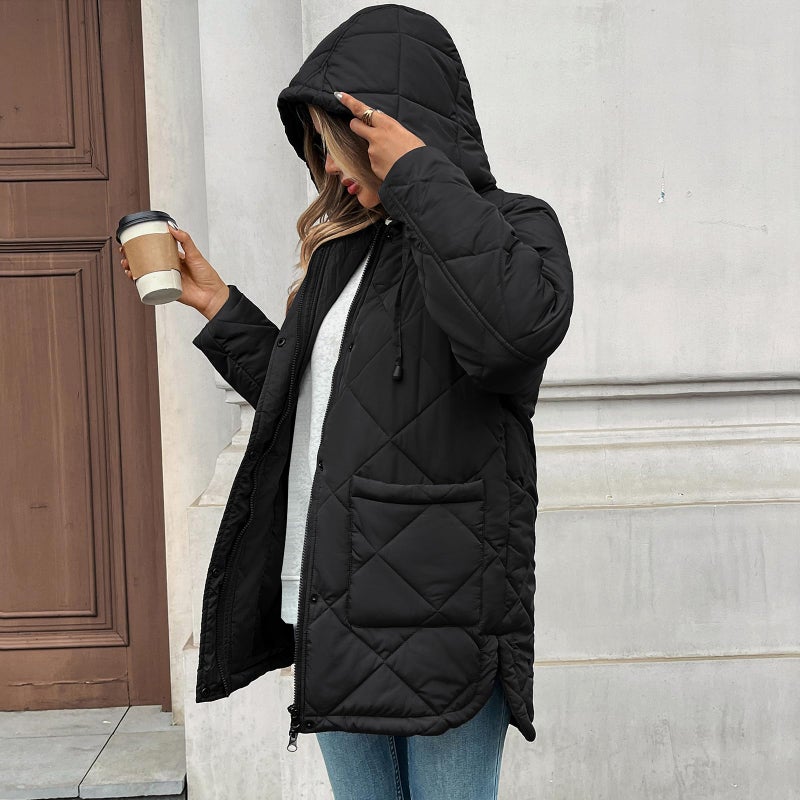 HOTIAN Womens Quilted Puffer Jackets Hooded Long Sleeve Full Zipper Casual Winter Lightweight Diamond Coats with Pockets(Black-S) - Image 4