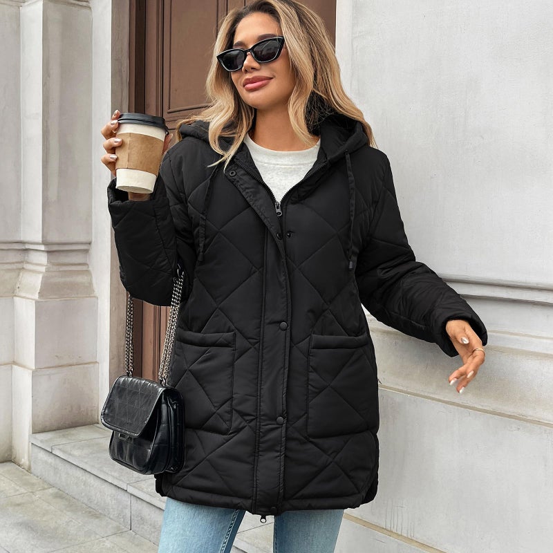 HOTIAN Womens Quilted Puffer Jackets Hooded Long Sleeve Full Zipper Casual Winter Lightweight Diamond Coats with Pockets(Black-S) - Image 2