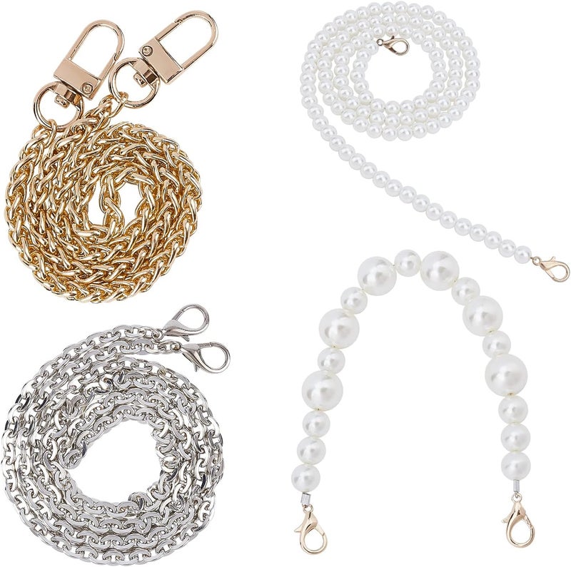 comfrt 4 Styles Purse Handle Chain, Iron Crossbody Chain Strap Imitation Pearl Bead Handbag Handle Replacement Metal Bag Shoulder Chain Strap DIY Bag Making Accessories - Image 1