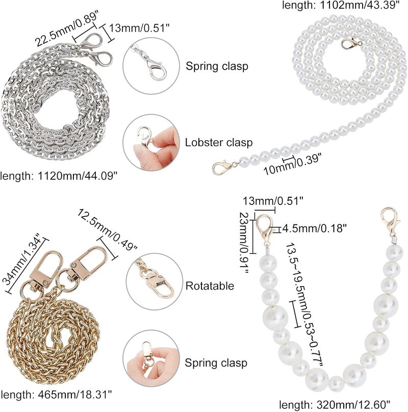 comfrt 4 Styles Purse Handle Chain, Iron Crossbody Chain Strap Imitation Pearl Bead Handbag Handle Replacement Metal Bag Shoulder Chain Strap DIY Bag Making Accessories - Image 4