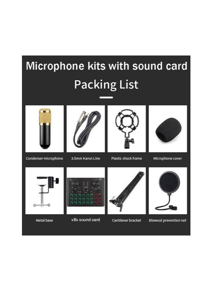 Professional Condenser Microphone Kit with V8 Plus Live Sound Card, Spectrum Button Light, Wireless Bluetooth Voice Changer Device, Studio Recording, Podcasting,,Plug-and-Play USB  Mic