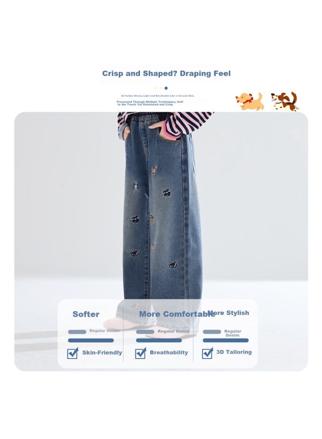 Marcolor Girls' Autumn Set  New Colorblock Long Sleeve T-shirt And Wide-leg Jeans Kids Fall Outfit - Image 3