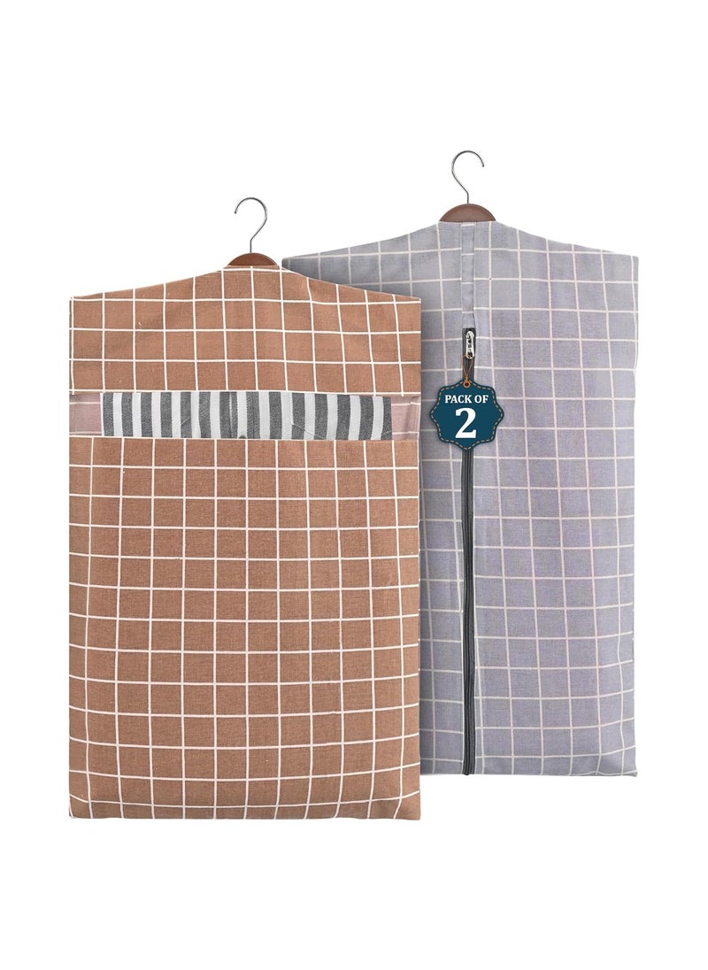Kuber Industries Kuber Industries 2 Pcs Almirah Clothes Packing Bags Hanging Clothes Cover for TShirts Pants Shirts Salwar Suit Dress Organizer for WardrobeTravel with Zip Printed Light Grey Brown  - Image 1
