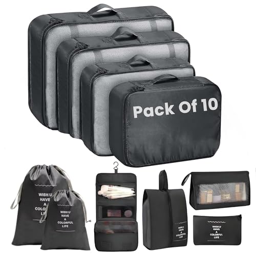 Oceanevo Set of 10 Pieces Packing Cubes Organiser for Travel, Travel Organizer Bags for Luggage, Suitcase Includes 2 Drawstring Bags, Shoe Bag and Toiletry Bag with Hook - Set of 10 - Black - Image 1