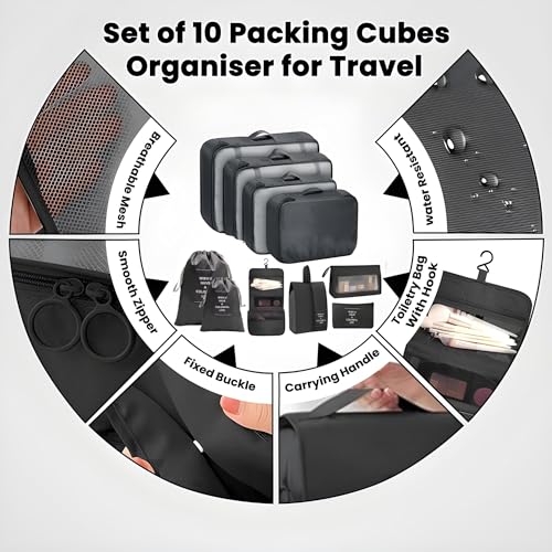Oceanevo Set of 10 Pieces Packing Cubes Organiser for Travel, Travel Organizer Bags for Luggage, Suitcase Includes 2 Drawstring Bags, Shoe Bag and Toiletry Bag with Hook - Set of 10 - Black - Image 5