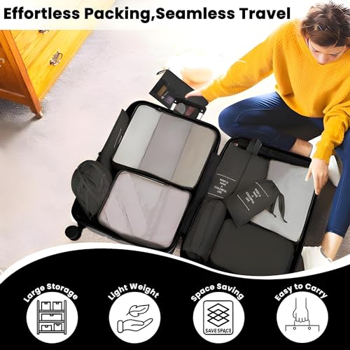 Oceanevo Set of 10 Pieces Packing Cubes Organiser for Travel, Travel Organizer Bags for Luggage, Suitcase Includes 2 Drawstring Bags, Shoe Bag and Toiletry Bag with Hook - Set of 10 - Black - Image 3