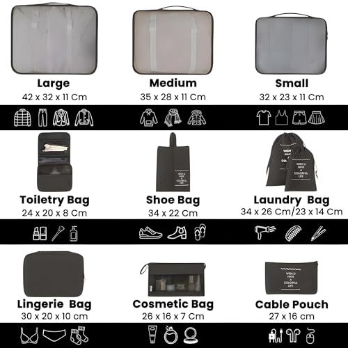 Oceanevo Set of 10 Pieces Packing Cubes Organiser for Travel, Travel Organizer Bags for Luggage, Suitcase Includes 2 Drawstring Bags, Shoe Bag and Toiletry Bag with Hook - Set of 10 - Black - Image 2