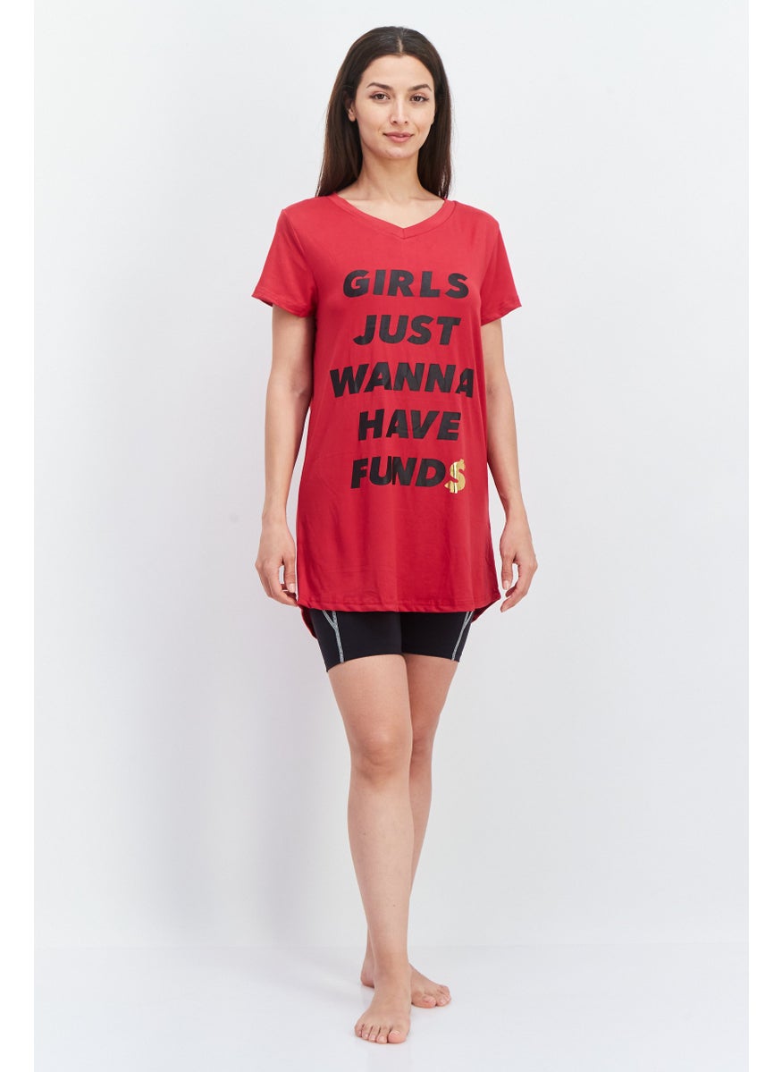French Affair - Women V-Neck Short Sleeves Graphic Print Pajama Top, Red - Image 1