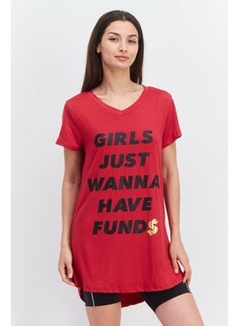 Women V-Neck Short Sleeves Graphic Print Pajama Top, Red
