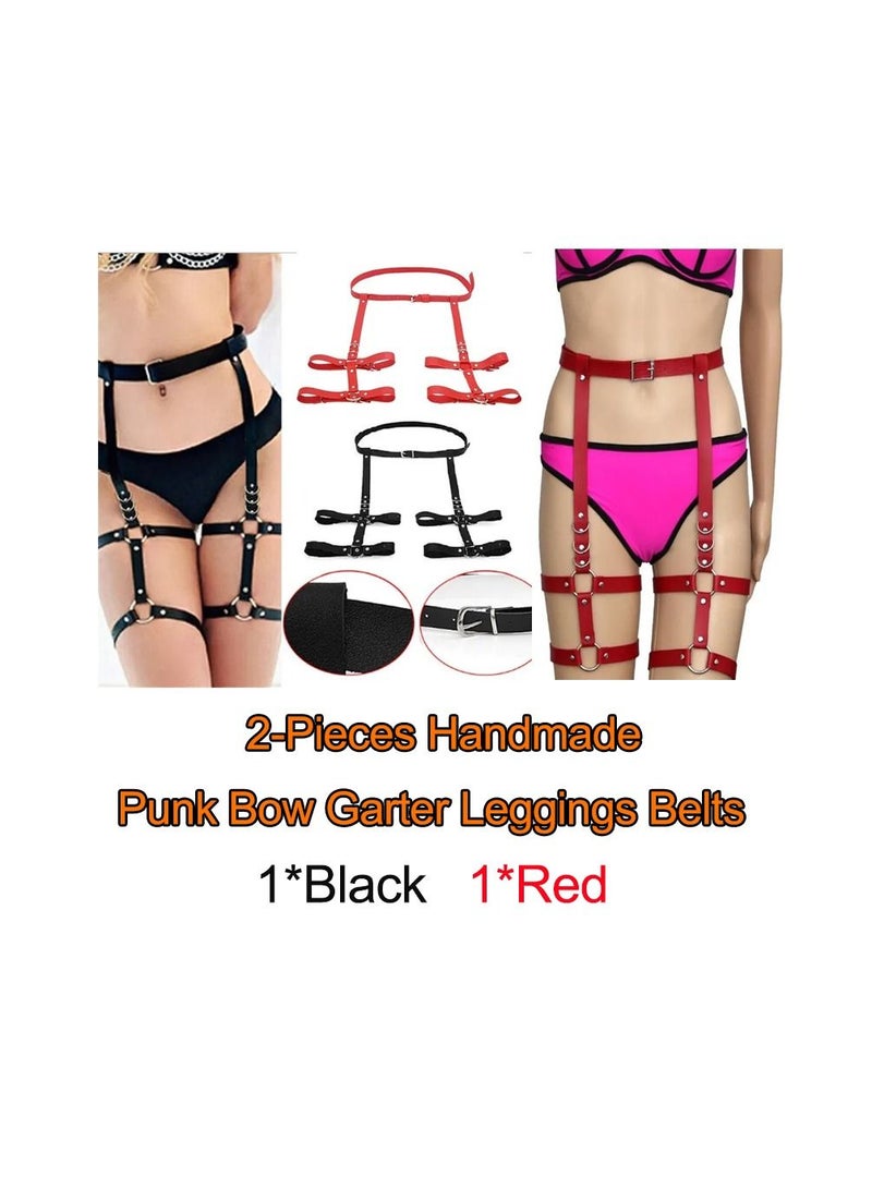 2-Pieces Handmade Punk Bow Garter Leggings Belts,Leather Suspenders Straps O-Ring Leg Harness for Party and Stage Costumes - Image 1