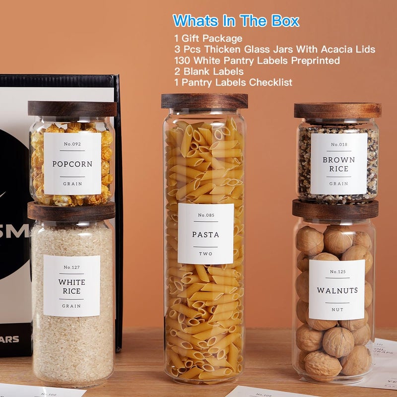 CZZGSM 5 Set Glass Pantry Storage Jars with Acacia Airtight Lid - Thicken Glass Kitchen Canisters with 132 Pantry Labels - Clear Glass Food Storage Containers with Wood Lid for Tea,Sugar,Candy,Cookie,Pasta - Image 2