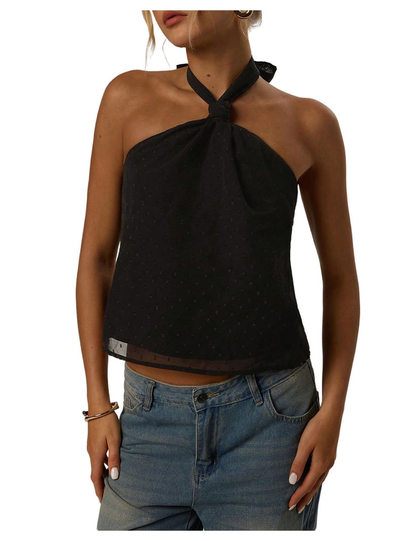MakeMeChic Women's Tie Back Halter Tops Mesh Swiss Dots Knot Backless Sleeveless Tank Black Large - Image 1