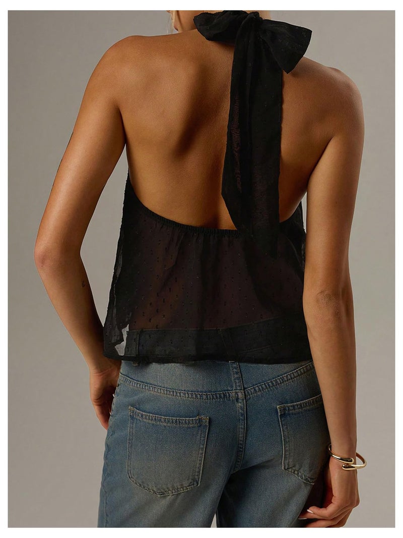 MakeMeChic Women's Tie Back Halter Tops Mesh Swiss Dots Knot Backless Sleeveless Tank Black Large - Image 3