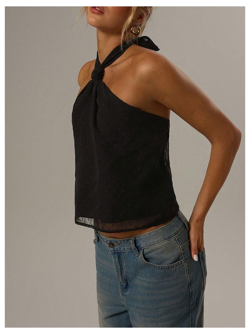 MakeMeChic Women's Tie Back Halter Tops Mesh Swiss Dots Knot Backless Sleeveless Tank Black Large - Image 2