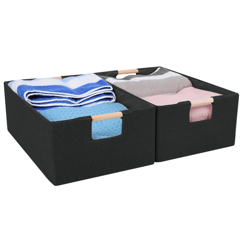 ANMINY 2PCS Closet Storage Baskets for Shelves 134 x 9 Inch Collapsible Fabric Storage Bins with Wood Handles Cloth Shelves Organizer Bins Decorative Fabric Baskets Small Black - Image 2
