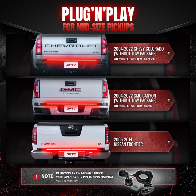 OPT7 Redline Parlux 48" Aluminum Truck Tailgate Light Bar w/Sequential Red Turn - Rigid 2-Section Triple Row LED Strip, Dynamic Taillight w/Ignition Sequence, Triple-Flash White Reverse, Red Running - Image 4