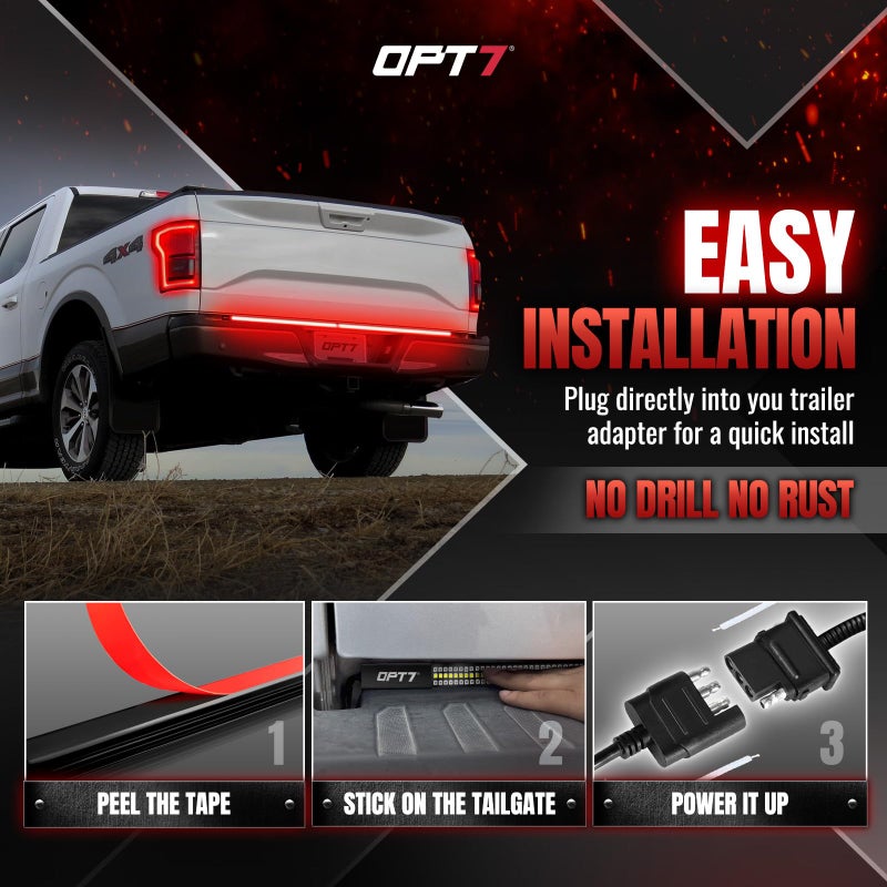 OPT7 Redline Parlux 48" Aluminum Truck Tailgate Light Bar w/Sequential Red Turn - Rigid 2-Section Triple Row LED Strip, Dynamic Taillight w/Ignition Sequence, Triple-Flash White Reverse, Red Running - Image 3