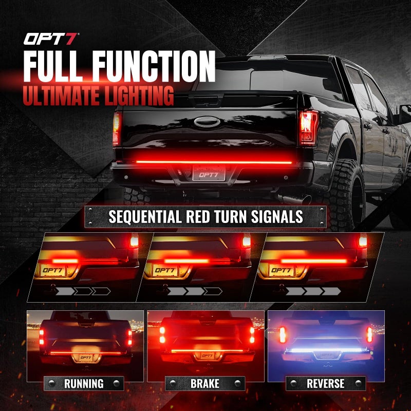 OPT7 Redline Parlux 48" Aluminum Truck Tailgate Light Bar w/Sequential Red Turn - Rigid 2-Section Triple Row LED Strip, Dynamic Taillight w/Ignition Sequence, Triple-Flash White Reverse, Red Running - Image 5