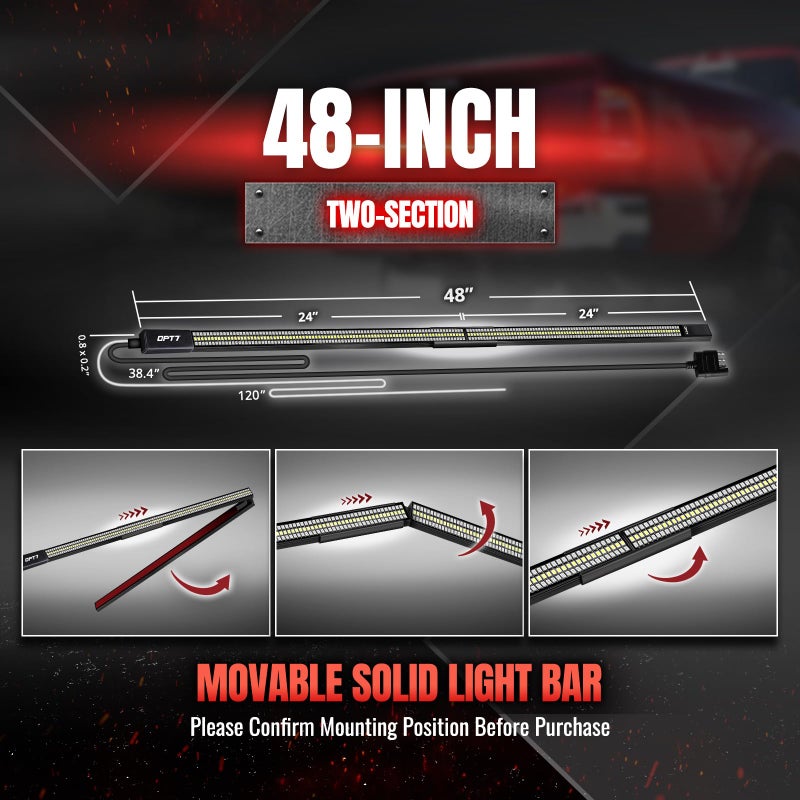 OPT7 Redline Parlux 48" Aluminum Truck Tailgate Light Bar w/Sequential Red Turn - Rigid 2-Section Triple Row LED Strip, Dynamic Taillight w/Ignition Sequence, Triple-Flash White Reverse, Red Running - Image 2