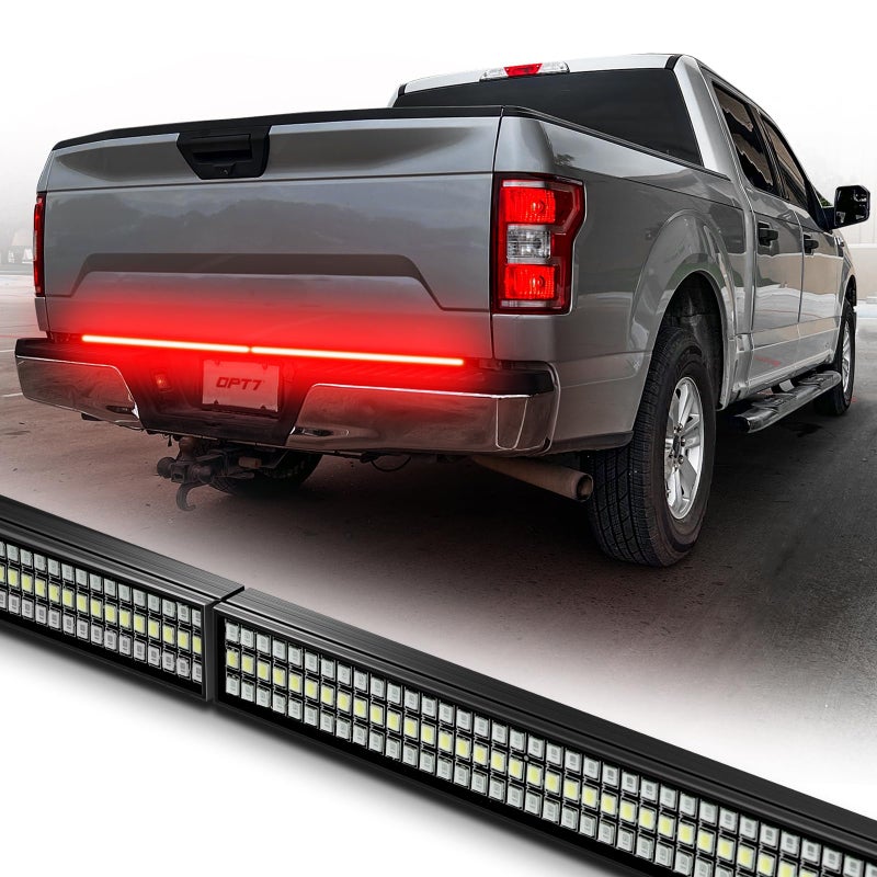 OPT7 Redline Parlux 48" Aluminum Truck Tailgate Light Bar w/Sequential Red Turn - Rigid 2-Section Triple Row LED Strip, Dynamic Taillight w/Ignition Sequence, Triple-Flash White Reverse, Red Running - Image 1