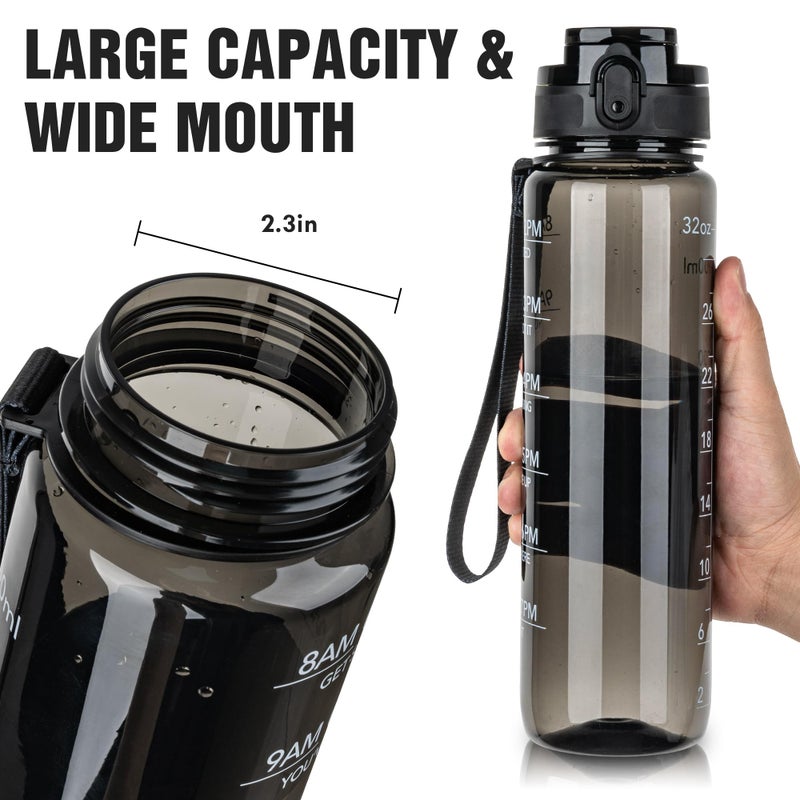 OLDLEY Water Bottle 32oz, Durable and Leakproof Water Bottles Motivational with Time Marker, Tritan, BPA Free, Wide Mouth, Gym, Travel, School,Office, Gifts for Her, Women Men,Clear Black (1 Bottle) - Image 4