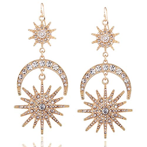 QIAN0813 Mardi Gras Gold Earrings for Women - Sun Moon Star Celestial Huggie Dangle Earrings, Hypoallergenic Greek Mythology Boho Greek Mythology Witchy Jewelry(Gold) - Image 1