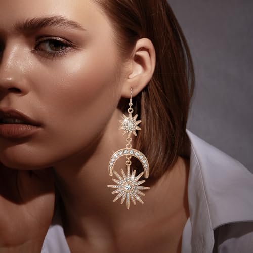 QIAN0813 Mardi Gras Gold Earrings for Women - Sun Moon Star Celestial Huggie Dangle Earrings, Hypoallergenic Greek Mythology Boho Greek Mythology Witchy Jewelry(Gold) - Image 3