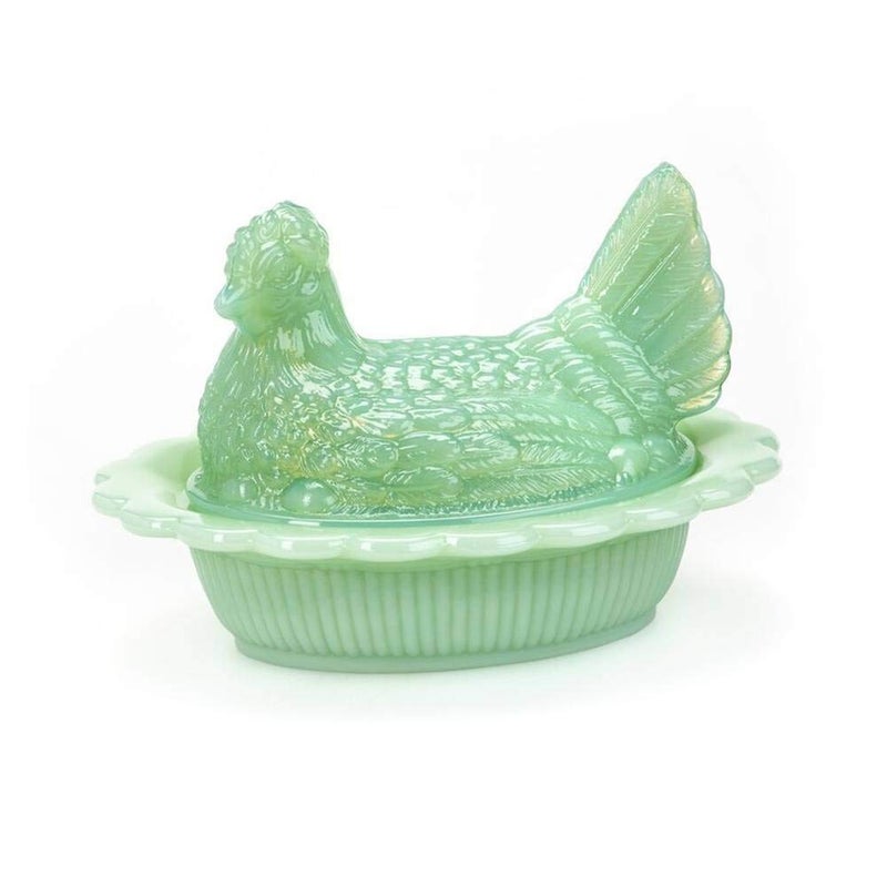 Mosser Glass Mosser Glass WGP  Hen Candy Dish, Vintage Style Covered Candy Bowl with Lid, 6 Inch, Jadeite Green Opaque Glass  - Image 1