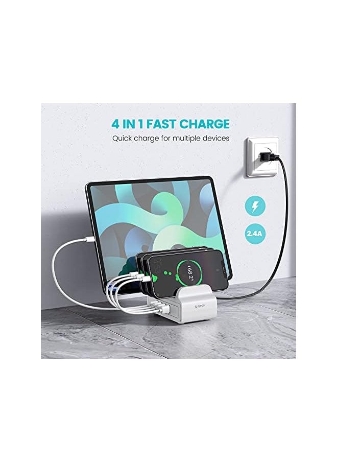Station for Multiple Devices, ORICO 4 USB Ports 30W Fast Charge Docking Multi USB Charger Organizer with 4 Mixed Cables, Compatible with iPhone,iPad,Samsung,Android (4 USB Ports, White)