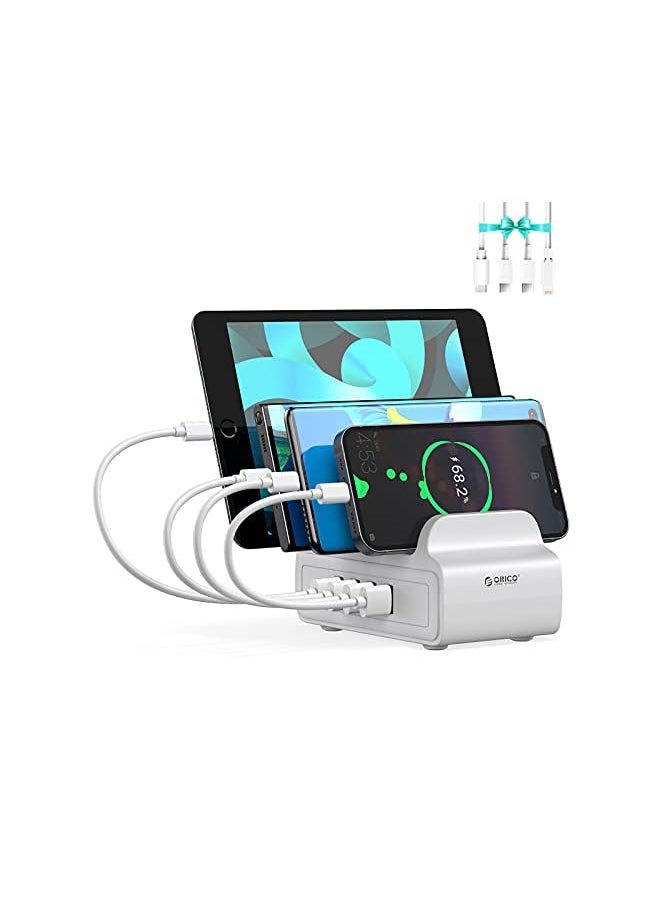 Station for Multiple Devices, ORICO 4 USB Ports 30W Fast Charge Docking Multi USB Charger Organizer with 4 Mixed Cables, Compatible with iPhone,iPad,Samsung,Android (4 USB Ports, White)