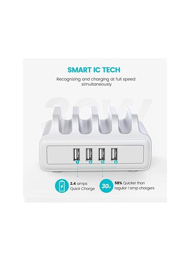Station for Multiple Devices, ORICO 4 USB Ports 30W Fast Charge Docking Multi USB Charger Organizer with 4 Mixed Cables, Compatible with iPhone,iPad,Samsung,Android (4 USB Ports, White)