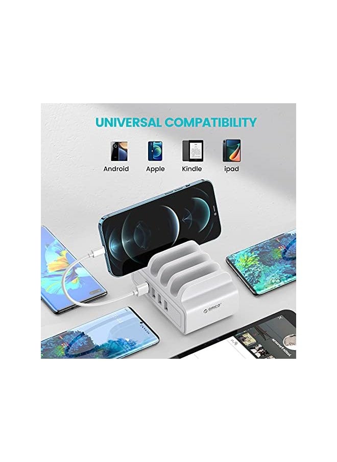 Station for Multiple Devices, ORICO 4 USB Ports 30W Fast Charge Docking Multi USB Charger Organizer with 4 Mixed Cables, Compatible with iPhone,iPad,Samsung,Android (4 USB Ports, White)