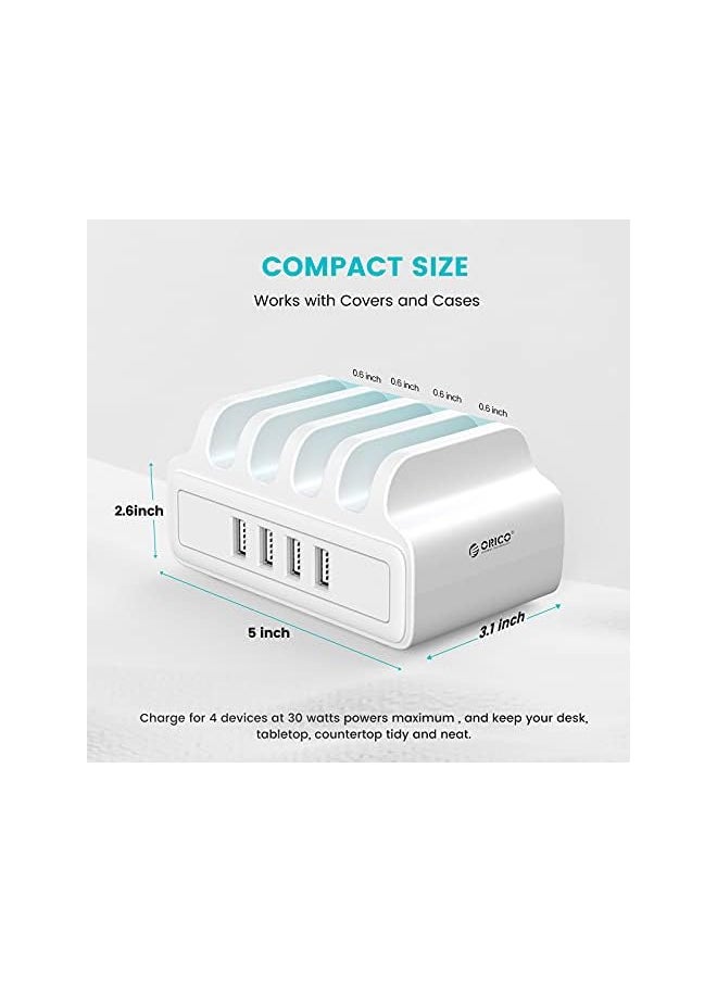 Station for Multiple Devices, ORICO 4 USB Ports 30W Fast Charge Docking Multi USB Charger Organizer with 4 Mixed Cables, Compatible with iPhone,iPad,Samsung,Android (4 USB Ports, White)