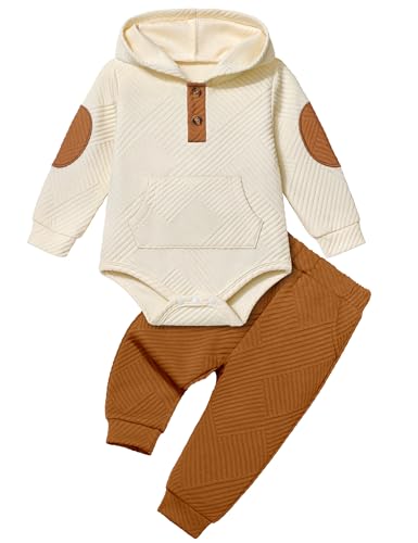 Fommy Baby Boy Clothes 6-9 Month Boy Outfits White Colorblocked Long Sleeve Hoodie + Brown Long Pants 2PCS Fall Winter Outfits Set - Image 1