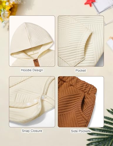 Fommy Baby Boy Clothes 6-9 Month Boy Outfits White Colorblocked Long Sleeve Hoodie + Brown Long Pants 2PCS Fall Winter Outfits Set - Image 5
