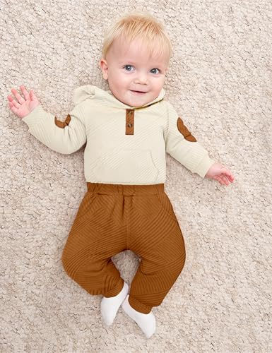 Fommy Baby Boy Clothes 6-9 Month Boy Outfits White Colorblocked Long Sleeve Hoodie + Brown Long Pants 2PCS Fall Winter Outfits Set - Image 4