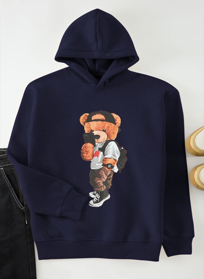 trendyol Navy Blue Unisex Oversize Teddy Bear Printed Polar Fleece/Warm Hooded Sweatshirt TMNAW25SW00210 - Image 2