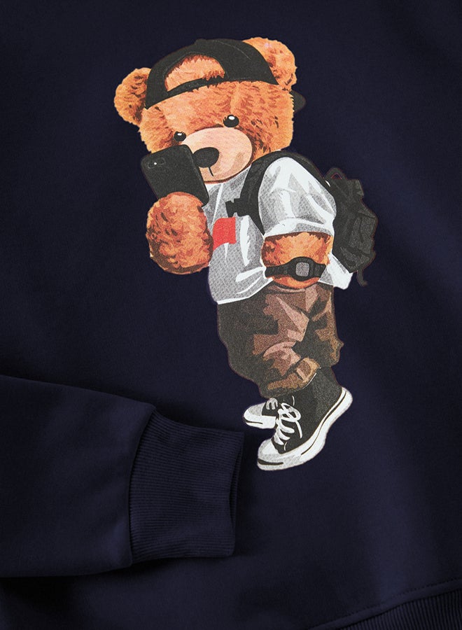 trendyol Navy Blue Unisex Oversize Teddy Bear Printed Polar Fleece/Warm Hooded Sweatshirt TMNAW25SW00210 - Image 3
