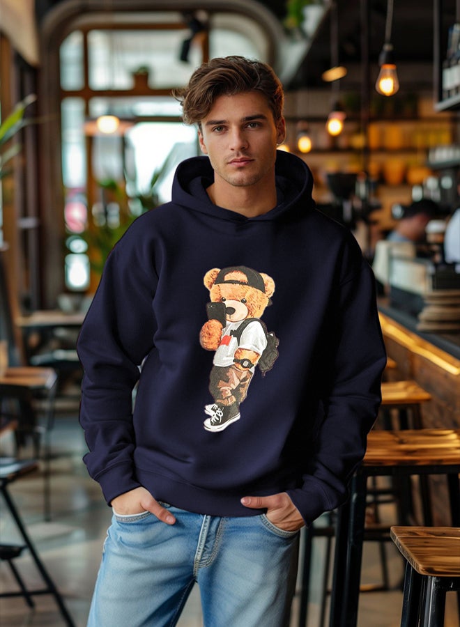 trendyol Navy Blue Unisex Oversize Teddy Bear Printed Polar Fleece/Warm Hooded Sweatshirt TMNAW25SW00210 - Image 1