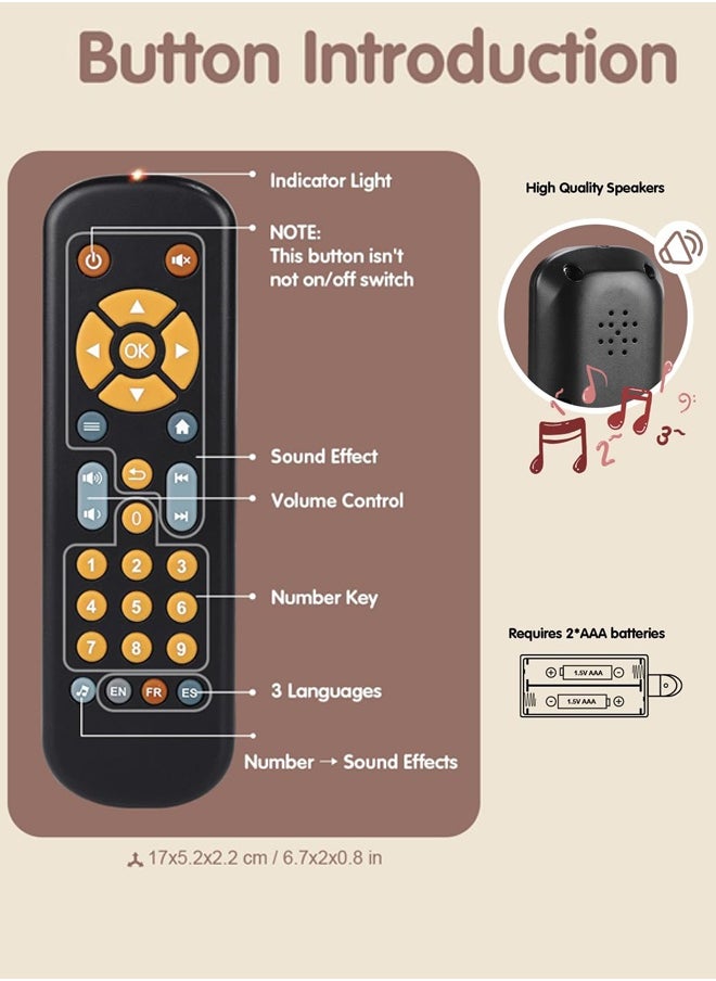 Baby TV Remote Control Toy with Light and Sound, Toddler Realistic Controller with 3 Languages, Early Educational Learning Musical Toys, Preschool Infant Boys Girls 6, 12, 18 Months, Black  - Image 4