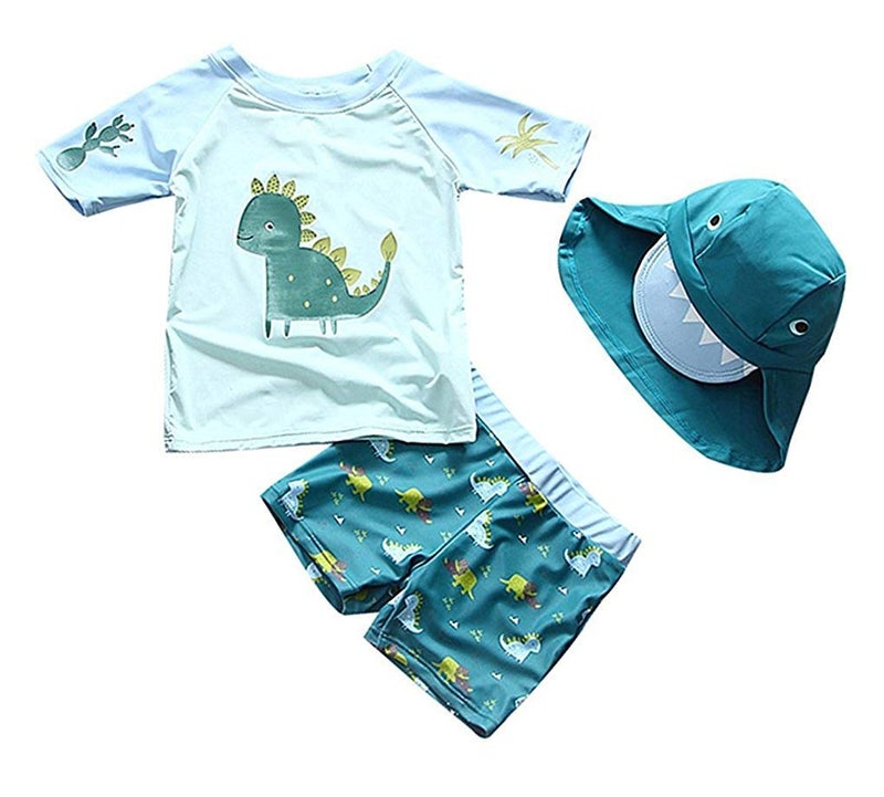Best for All Baby Toddler Boys Two Pieces Swimsuit Set Swimwear Dinosaur Bathing Suit Rash Guards with Hat UPF 50+ (Lake Blue, 3-6 Months) - Image 1