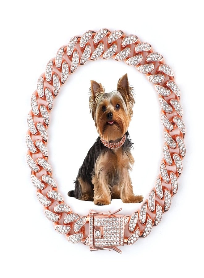 OXDFK Cuban Dog Chain Collars, Rose Gold Crystal Pet Necklace, Metal Pet Necklace with Safety Buckle Lock, for Small Medium Large Dogs Cats (10 Inch) - Image 1