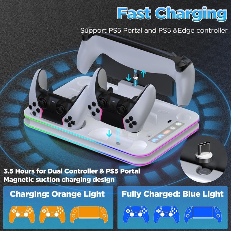 Excefore PS5/PS5 Slim/PS5 Pro Stand & Cooling Station with RGB Light | Charging Dock for PS Portal, DualSense & Edge Controllers | Secure Vertical Holder & Cooling Fan for PS5 Accessories - Image 4