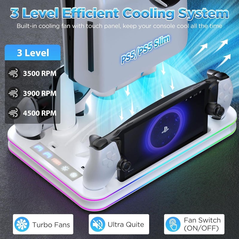 Excefore PS5/PS5 Slim/PS5 Pro Stand & Cooling Station with RGB Light | Charging Dock for PS Portal, DualSense & Edge Controllers | Secure Vertical Holder & Cooling Fan for PS5 Accessories - Image 2